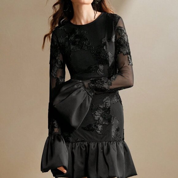 Black Elegant Women's French Embroidery Fitted Floral Sheath Dress - Picture 4 of 6